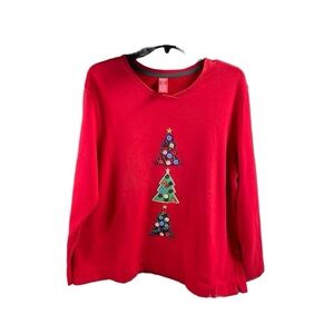 Merry & Bright Petite Ladies Christmas Tree  Applique Pullover Top,Size PXL,Red